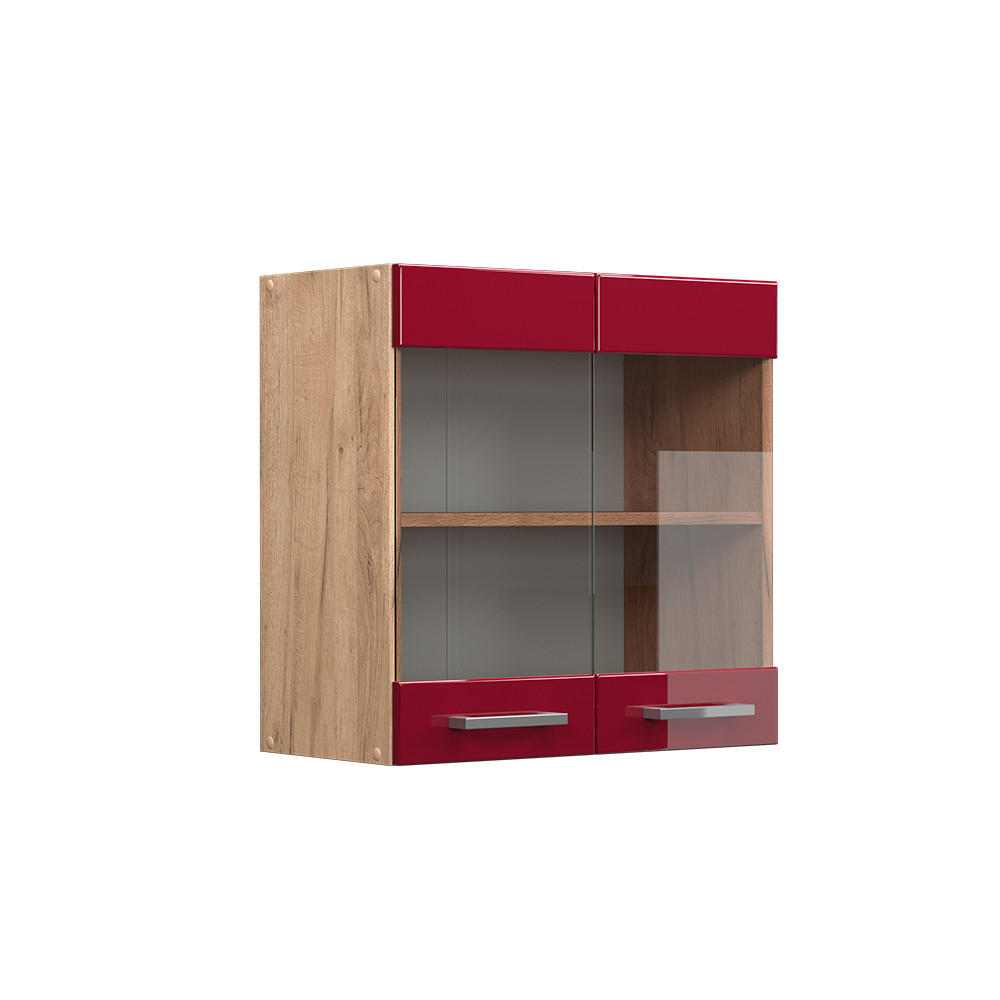 KÜCHENGLASSCHRANK R-Line Rot Hochglanz 60 cm - Honigeiche/Bordeaux, Holzwerkstoff (60/60/31cm) - Vicco