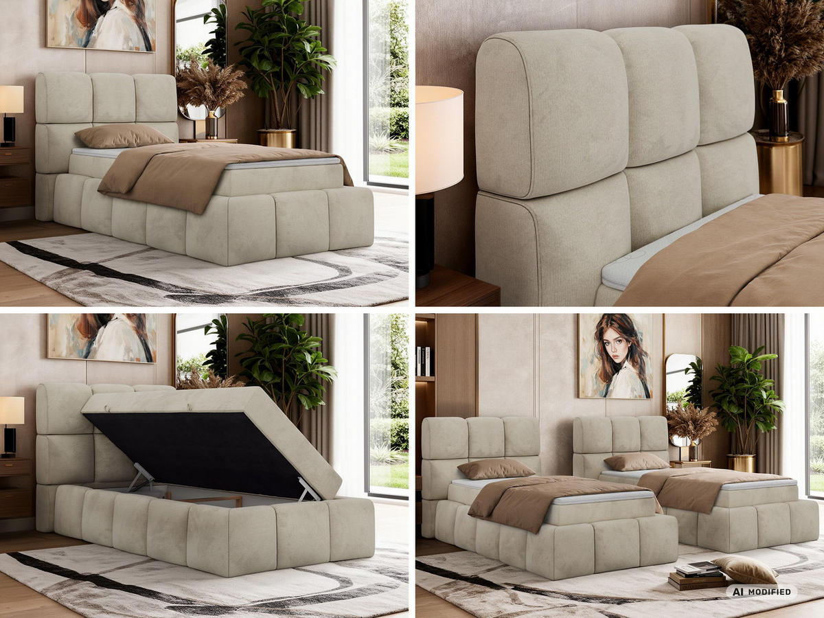BOXBETT NIRA 90/200 - Beige Velvet - Topper T25 - H4 - Beige/Schwarz, Kunststoff/Textil (90/200cm) - MKS