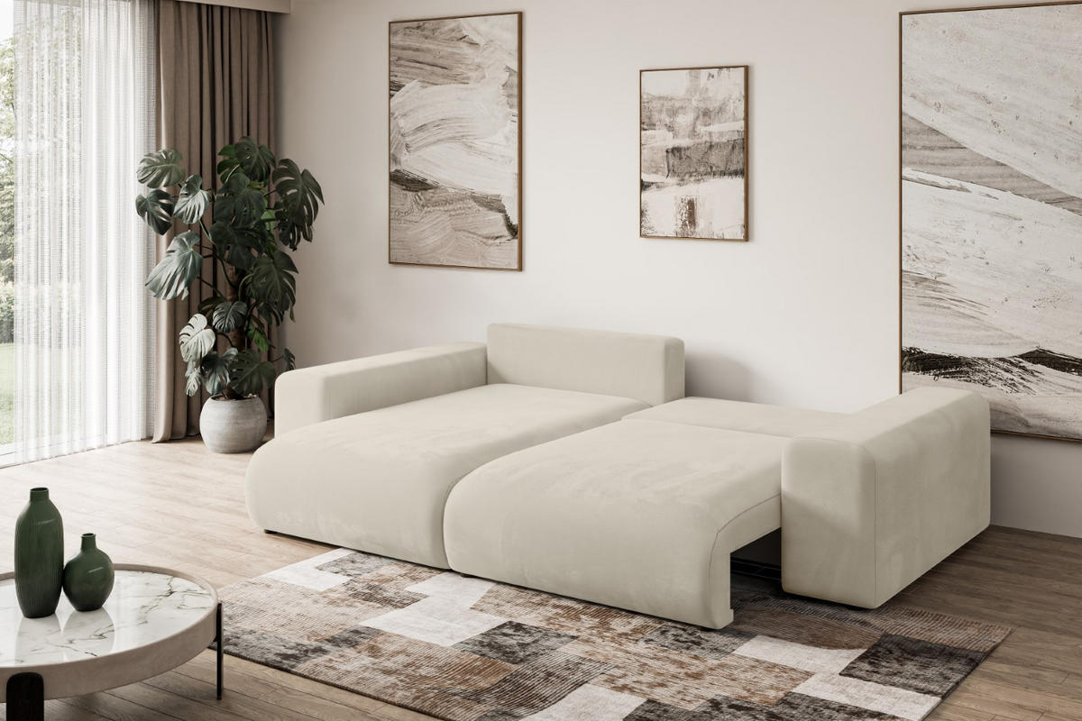 ECKSOFA mit Schlaffunktion und Bettkasten ESKAR-L 256x165x84cm Beige Velours - Beige/Schwarz, Holzwerkstoff/Kunststoff (165/256cm) - ALTDECOR