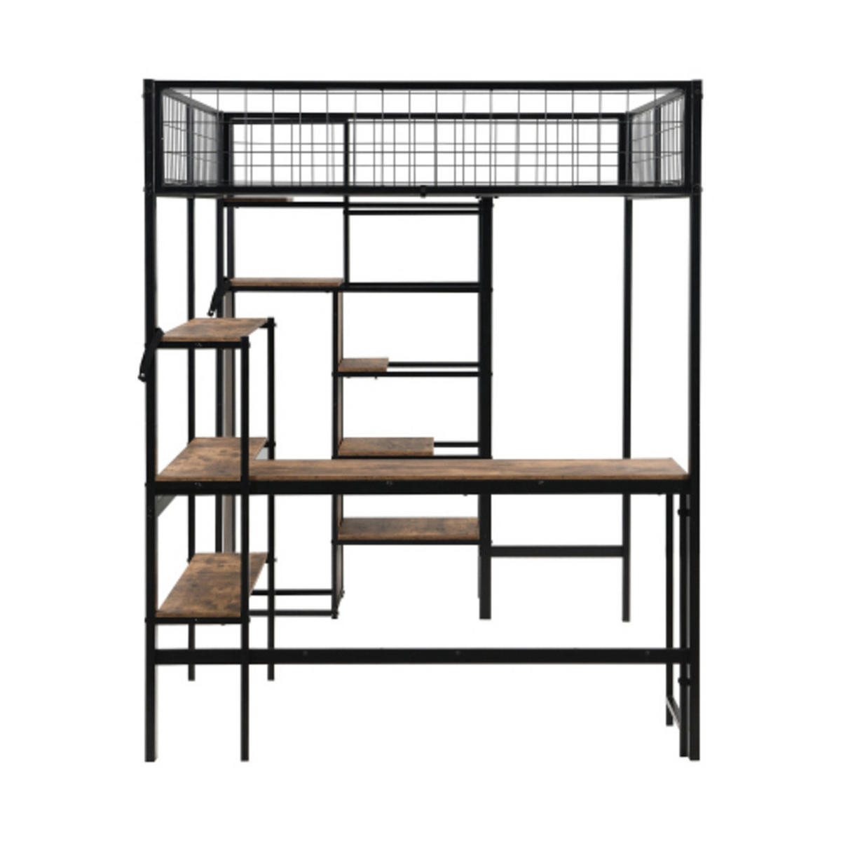 HOCHBETT 140 × 200 cm aus Metall und MDF mit Schreibtisch, Regalen und Kleiderschrank, schwarz - Schwarz, Holzwerkstoff - Luhomfu