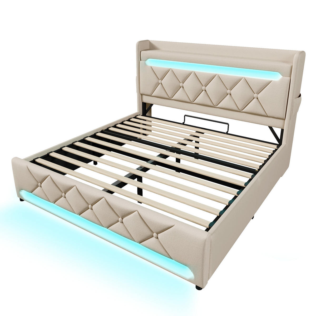 POLSTERBETT mit Stauraum und LED 160x200 cm Leinen Beige - Beige, Metall (160/200cm) - Meubliv