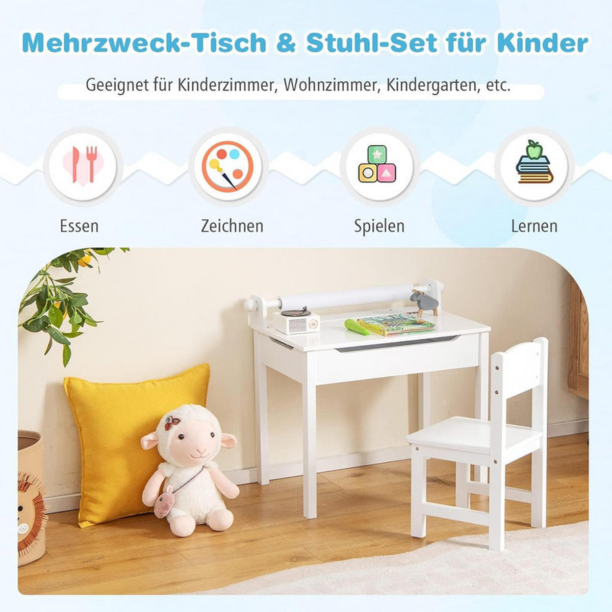 KINDERSCHREIBTISCH mit Stuhl weiß(2-tlg) - Weiß, Holzwerkstoff (66/58/40cm) - COSTWAY