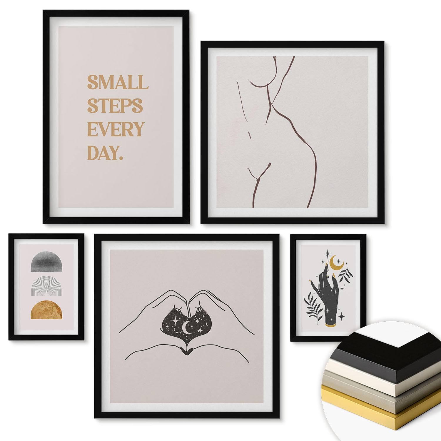 WANDBILDER 5er-Set - 50x50 cm & 20x30 cm & 40x60 cm Schwarzer Rahmen - Abstrakte Blumen aus Marmor - Schwarz, Kunststoff (40/60cm) - ArtPrintCave
