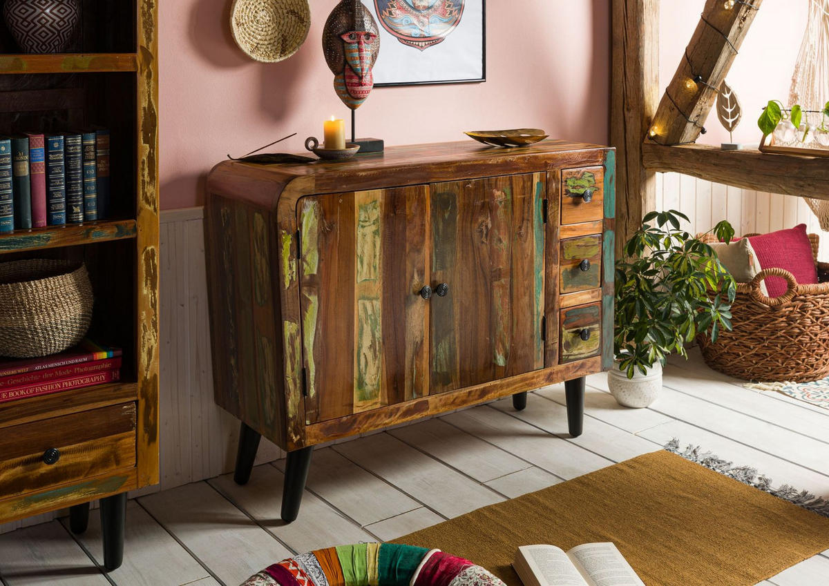 KOMMODE Altholz 110x40x86 mehrfarbig lackiert SIXTIES #112 - Multicolor, Holz (110/86/40cm) - Massivmoebel24