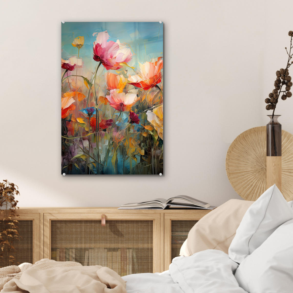 ACRYLGLASBILD Blumen - Aquarell - Kunst - Botanisch - Natur 40x60 cm - Orange, Glas (40/60cm) - MuchoWow