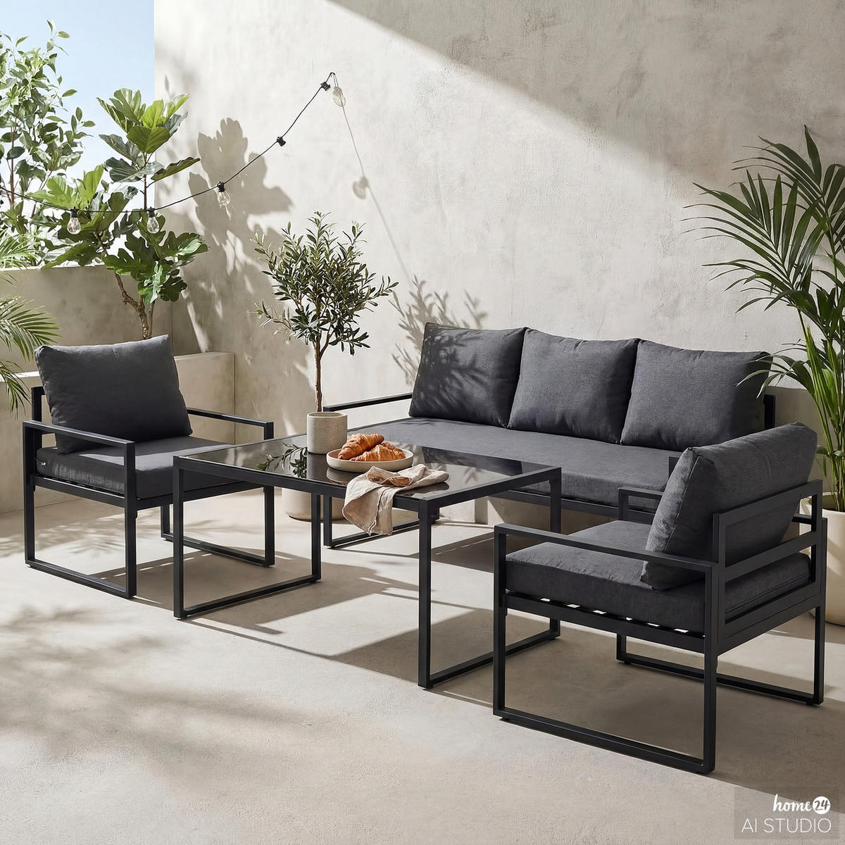 GARTENSITZGRUPPE - 4-teilig - Stahl / Polyester - Schwarz / Grau - Schwarz/Grau, Glas/Textil - home24