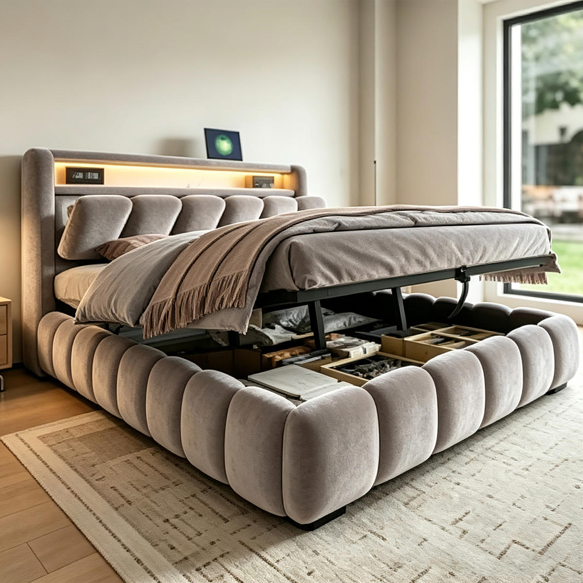 BOXBETT 180/200 mit LED/USB-C, Samt, Grau - Grau, Holz (180/200cm) - LVHOM