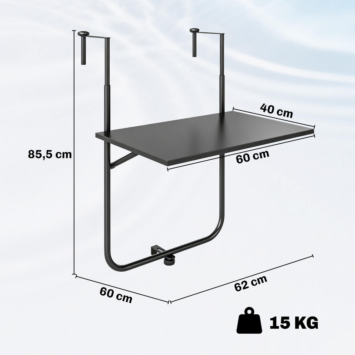BALKONOVÝ ZAVĚŠENÝ STŮL, černý, kov - černá, kov (62/60/85.5cm) - Outsunny
