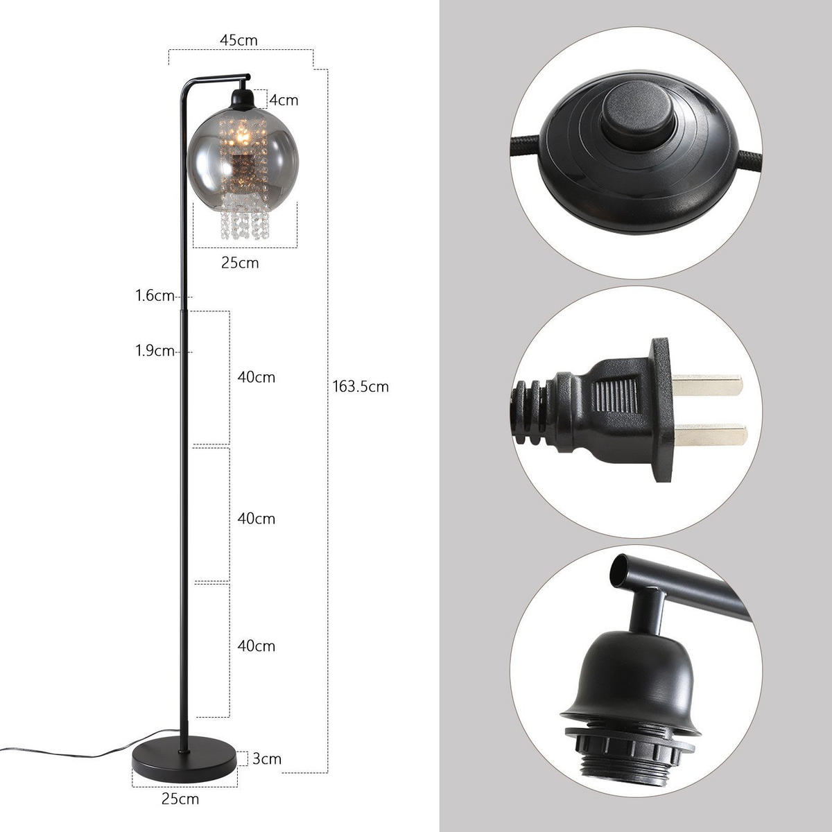 STEHLAMPE Yance 163.5/45/25cm - Schwarz, Metall (163.5/45/25cm) - Nettlife