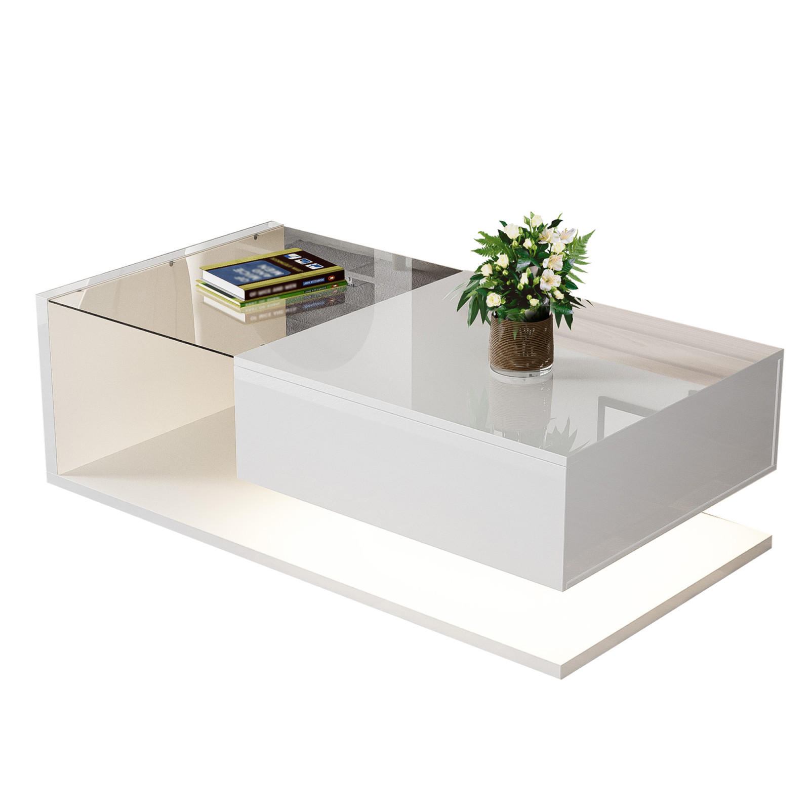 COUCHTISCH LED 105x55x32,5 cm, Glas, Schublade, Weiß - Weiß, Holz (55/105/32cm)