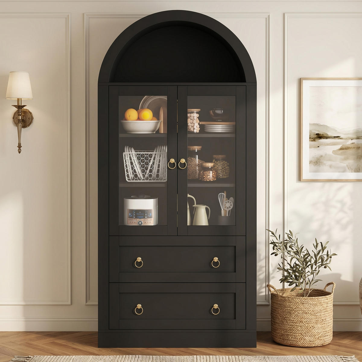 AUFBEWAHRUNGSSCHRANK 80x36x170 cm, 2 Schubladen, Glastüren, Schwarz - Schwarz, Holzwerkstoff (80/170/36cm) - FOHERE