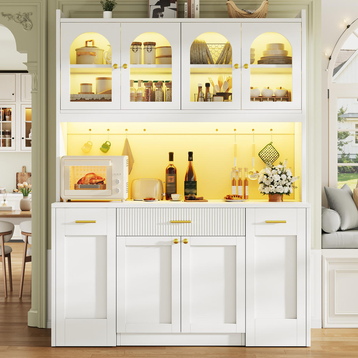 BUFFET DE-38485 120/40/187 cm mit LED und 3 Glasvitrinen Weiß - Weiß, Holzwerkstoff (120/187/40cm) - ComfortXL
