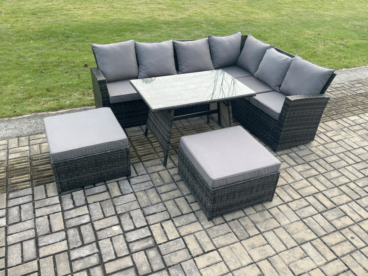 SITZGRUPPE mit Ecksofa Polyrattan Dunkelgrau 8-Sitzer - Dunkelgrau/Grau, Glas/Kunststoff - Fimous
