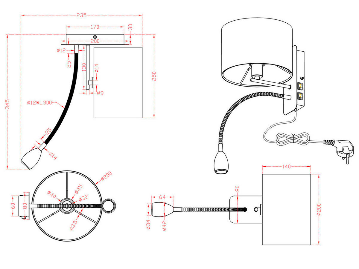 LED-WANDLAMPE Schwarz Höhe 23,5cm, mit Flexarm, Schalter, Kabel & Stecker - Schwarz, Textil (34/20/23cm) - meineWunschleuchte