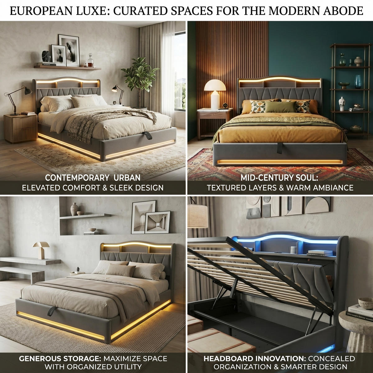 POLSTERBETT Rhombus 140/200 cm mit Bettkasten & App-LED Samtoptik Grau - Grau, Textil (140/200cm) - Creahappy