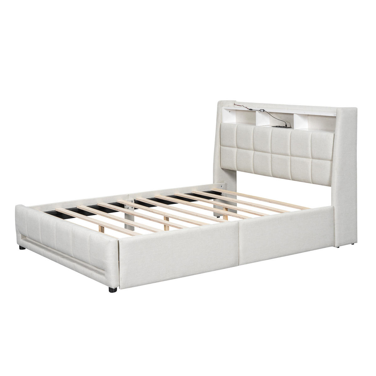 POLSTERBETT 140×200 cm aus Leinen-Stoff mit LED-Beleuchtung, USB-Anschluss und Schubladen, beige - Beige, Textil (140/200cm) - Luhomfu