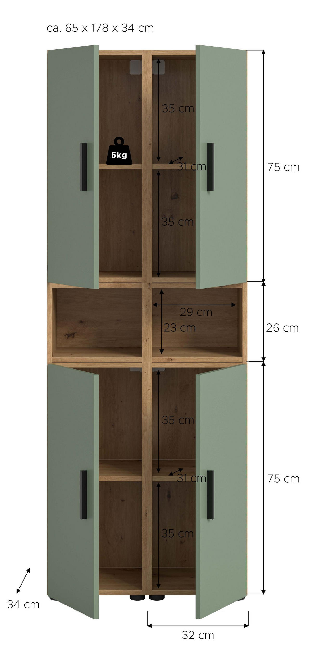WOHNKOMBINATION THE ONE (B/H/T: ca. 65/178/34 cm) in Artisan Oak Nachbildung/Smoke Green - Eiche Artisan, Holzwerkstoff (65/178/34cm)