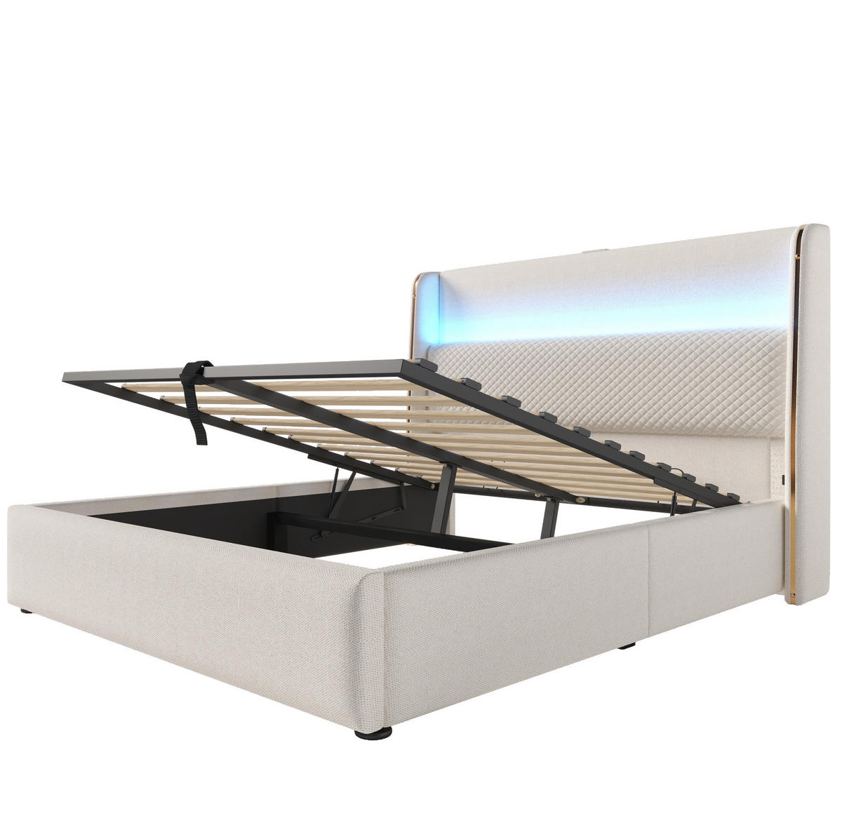 BETT hydraulisch 160x200 cm Leinen Beige mit Stauraum und LED - Beige, Metall (160/200cm) - Meubliv
