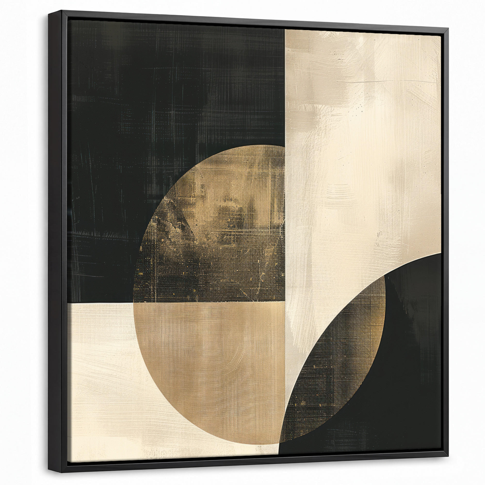 LEINWAND Bilder mit Rahmen - Abstrakt - Geometrische Formen - Schwarz - Gold - 50x50 - Ecru, Textil (50/50cm) - MuchoWow