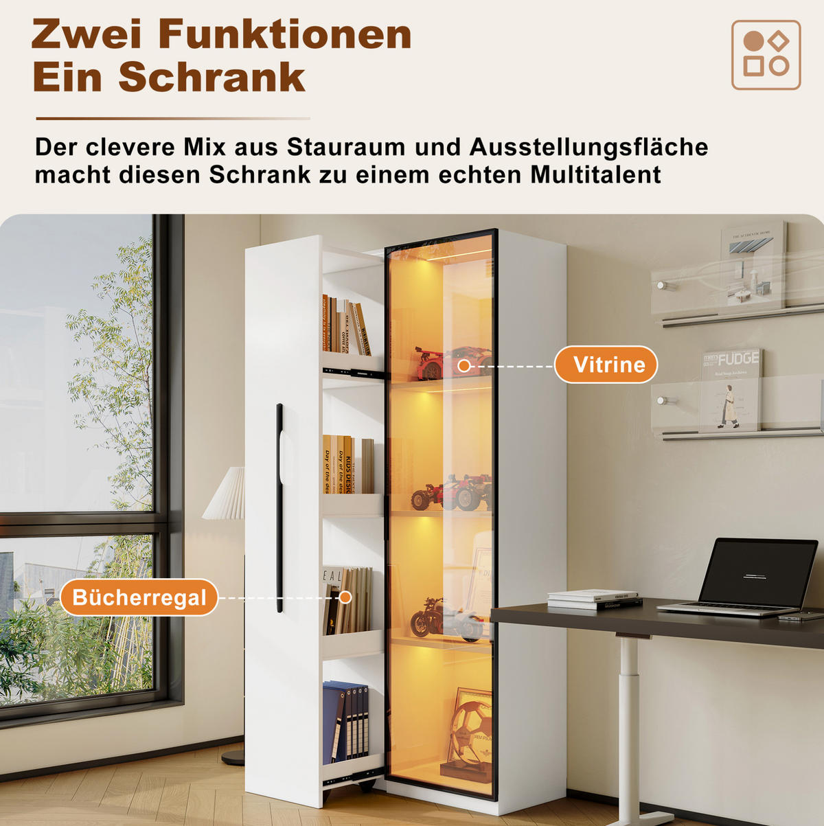 VITRINE 70/40/160 cm in Weiß mit LED-Beleuchtung und ausziehbarem Regal - Weiß, Holzwerkstoff (70/160/40cm) - Flora Grace
