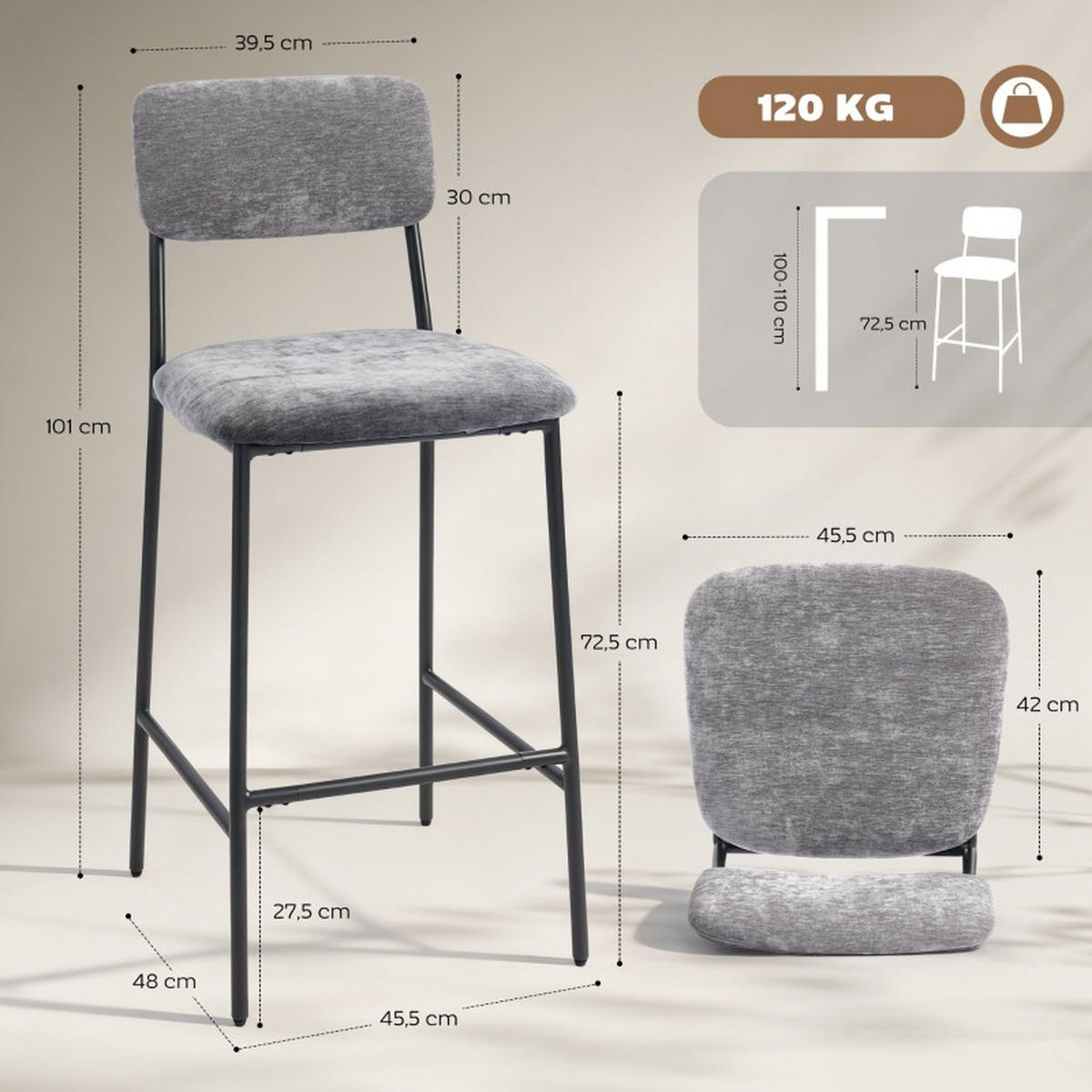 BARHOCKER DE-36063 2er Set mit Chenille-Bezug Gra - Grau, Metall (45.5/101/48cm) - ComfortXL