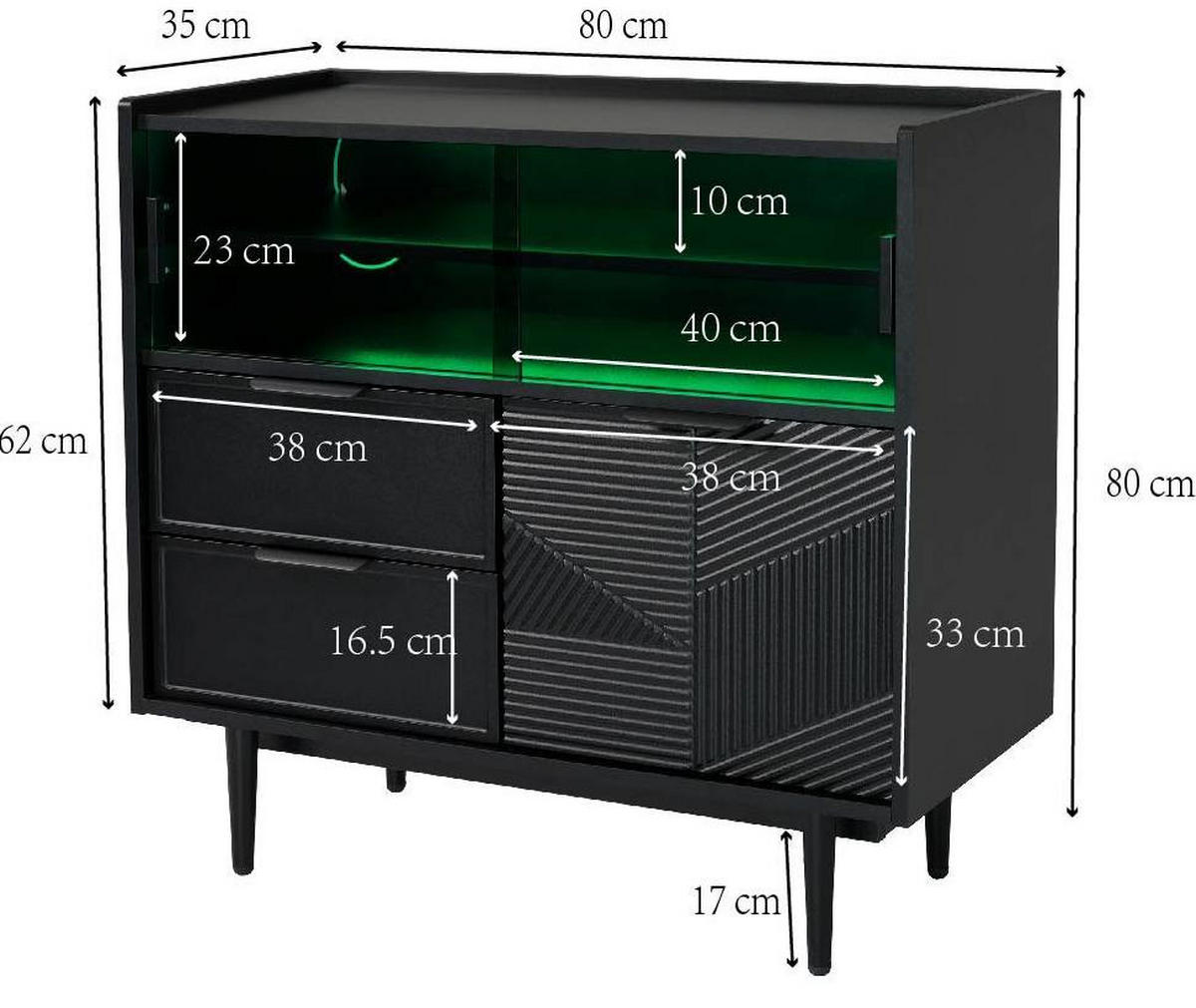 VITRINE 80x35x80 cm Schwarz mit Glasschiebetüren & LED-Lichtleiste - Schwarz, Holzwerkstoff (80/80/35cm) - Modfu