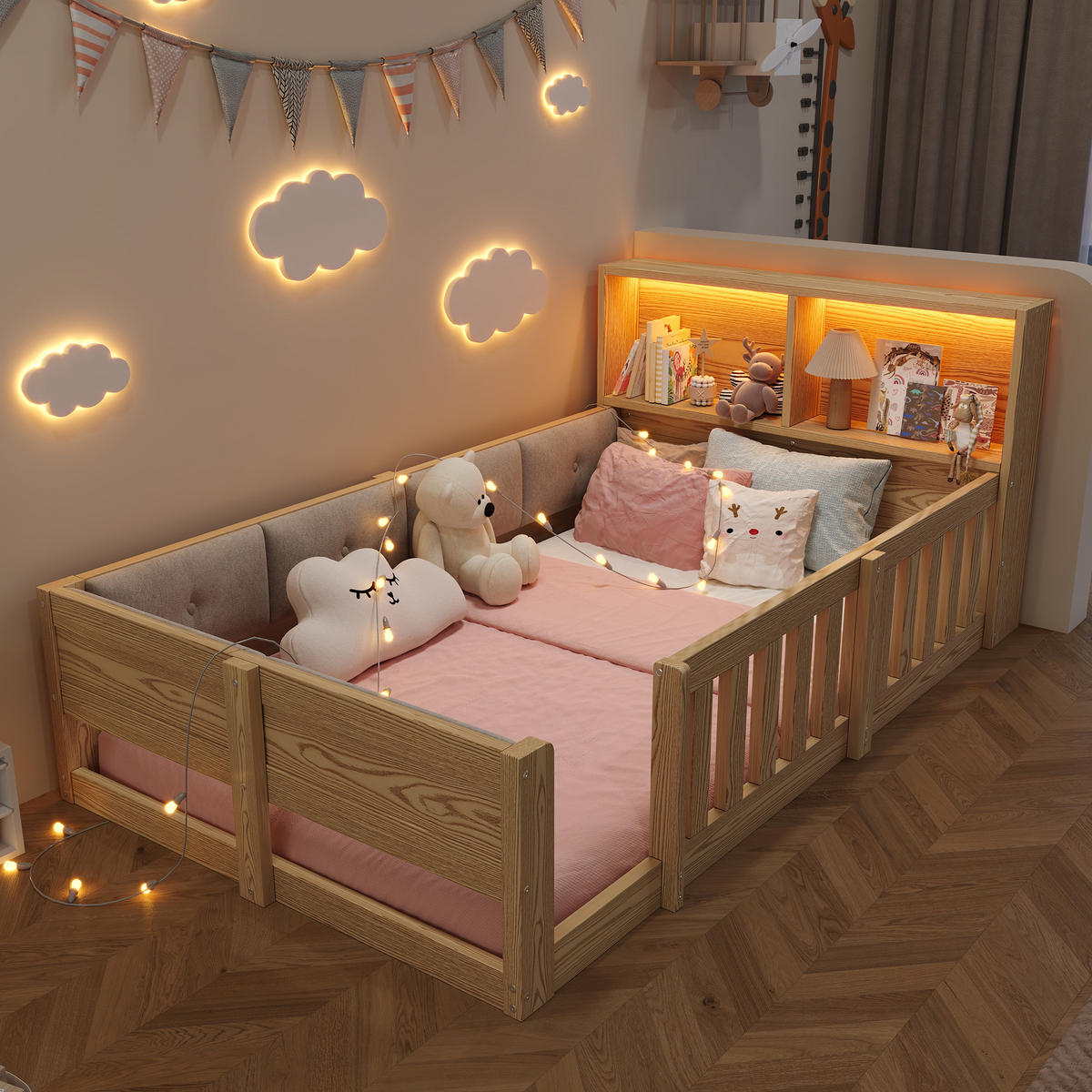 FLACHBETT 90x200cm Gitter Kinderbett LED Natur - Naturfarben, Holzwerkstoff (90/200cm) - FLIEKS