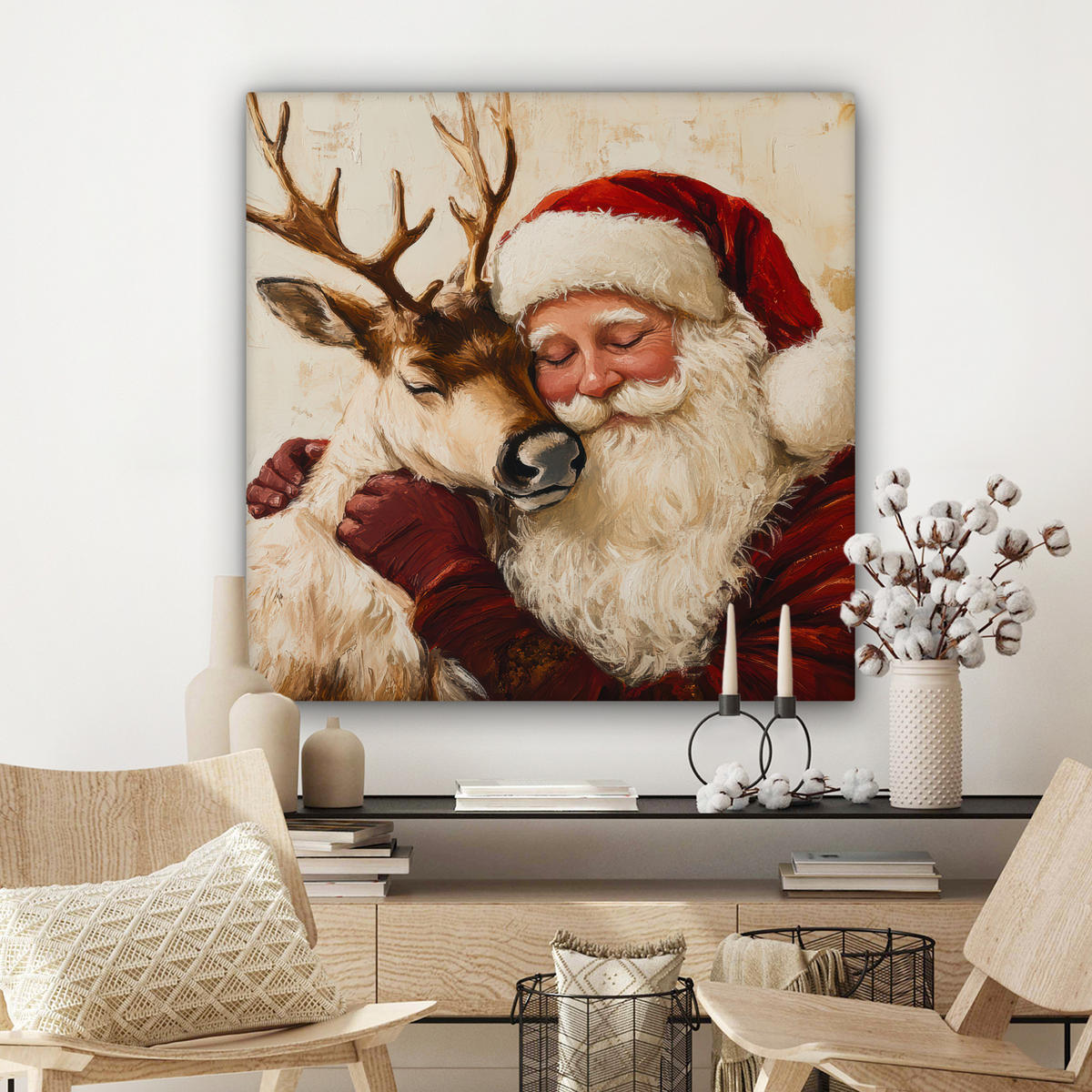 LEINWANDBILD Weihnachtsmann - Rentier - Weihnachten Deko Groß 90x90 cm - Rotbraun, Textil (90/90cm) - MuchoWow