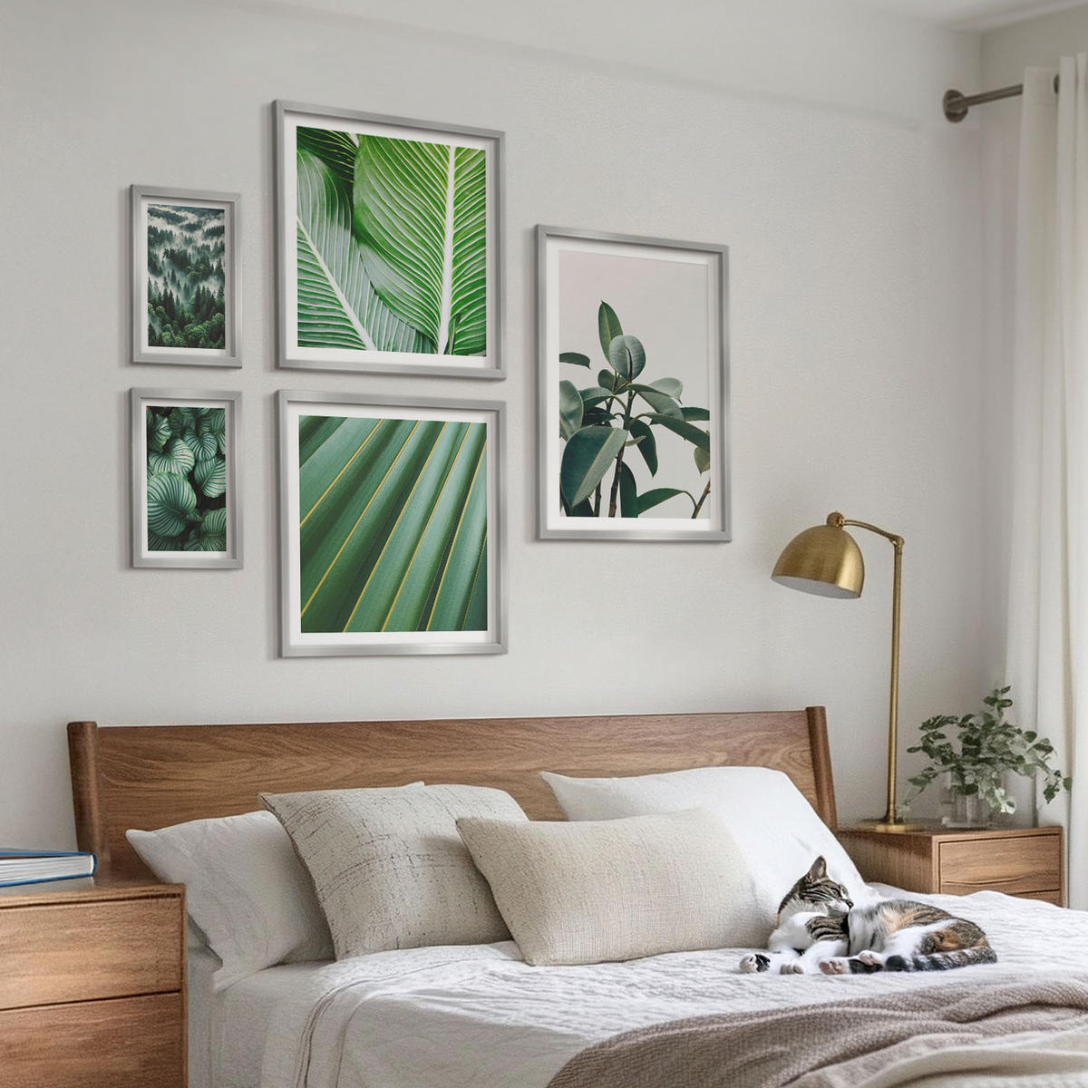 WANDBILDER 5er Set - 50x50 cm & 20x30 cm & 40x60 cm Silberner Rahmen - Tropische Blätter in Grün - Silberfarben, Kunststoff (40/60cm) - ArtPrintCave