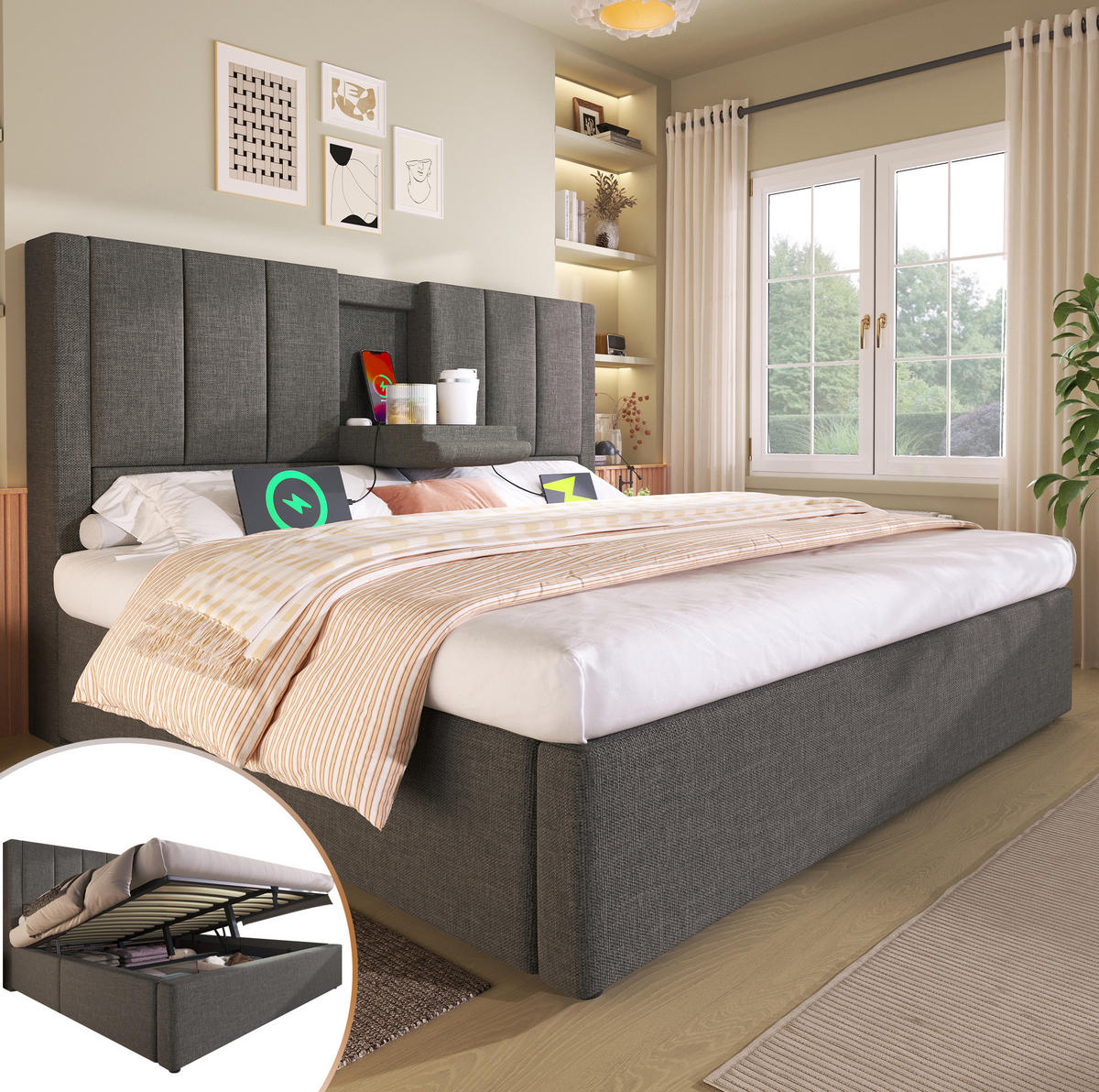 POLSTERBETT mit Stauraum & Ladestation 160 x 200 cm Leinen Grau - Grau, Metall (160/200cm) - Meubliv