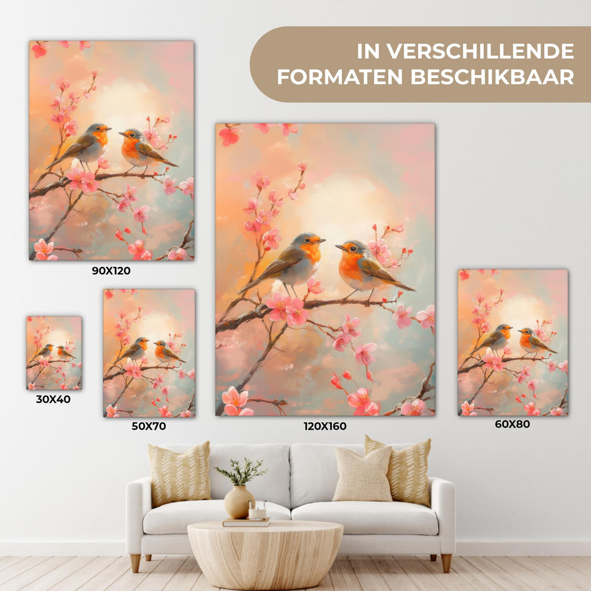 LEINWANDBILD Rotkehlchen - Zierpflanze - Blütenzweig Room Decor 30x40 cm - Hellrosa, Textil (30/40cm) - MuchoWow