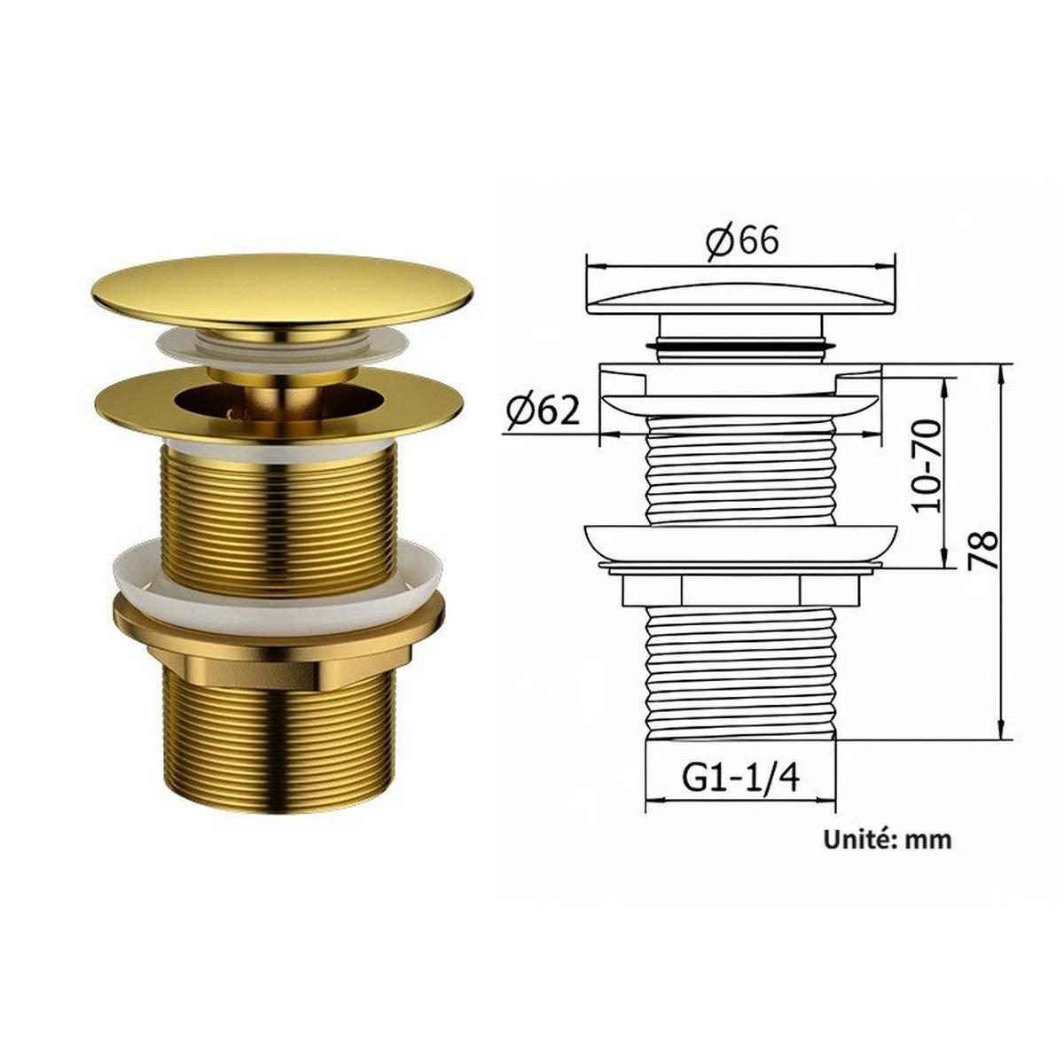 WASCHBECKEN-ABLAUFSTOPFEN – Gold – Edelstahl - Platinfarben, Metall (10/7/7cm)