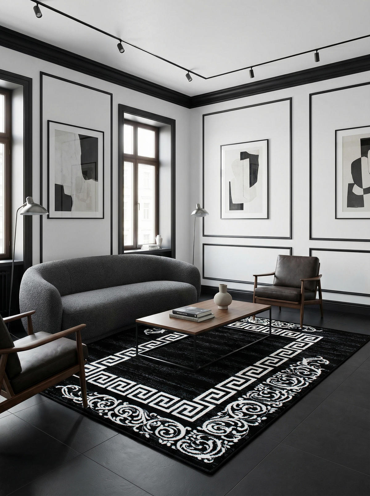 TEPPICH Kurzflor Mäander Polypropylen saugroboter Wohnzimmer Schwarz Läufer 80x150 - Schwarz, Textil (80/150cm) - KADIMA DESIGN