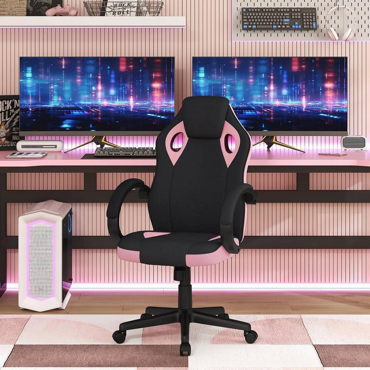 GAMINGSTUHL mit Kopfkissen, Mesh-Gewebe, Rosa+Schwarz - Schwarz/Rosa, Textil/Metall (62/104/72.5cm) - Woltu