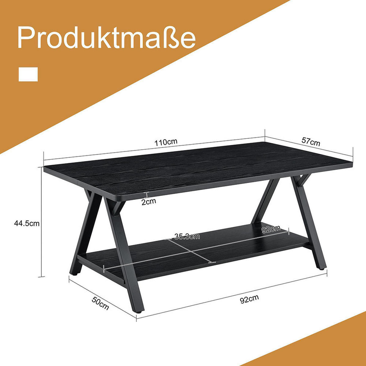 COUCHTISCH 110x57x44,5cm 110x57x44,5cm, schwarzer Holzmaserung und Metallrahmen - Schwarz, Holz/Holzwerkstoff (110/57/44.5cm) - KOMHTOM