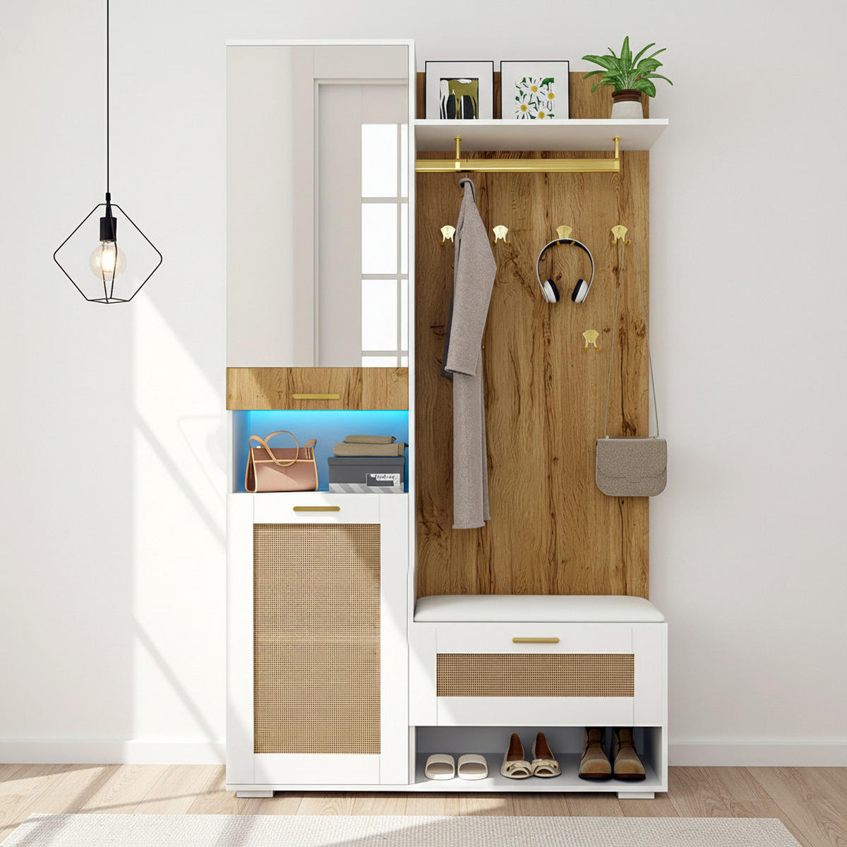 GARDEROBEN-SET 110 cm in Weiß/Holz mit Spiegel Rattan-Optik - Naturfarben, Holzwerkstoff (110/190/38cm) - Urban Meuble