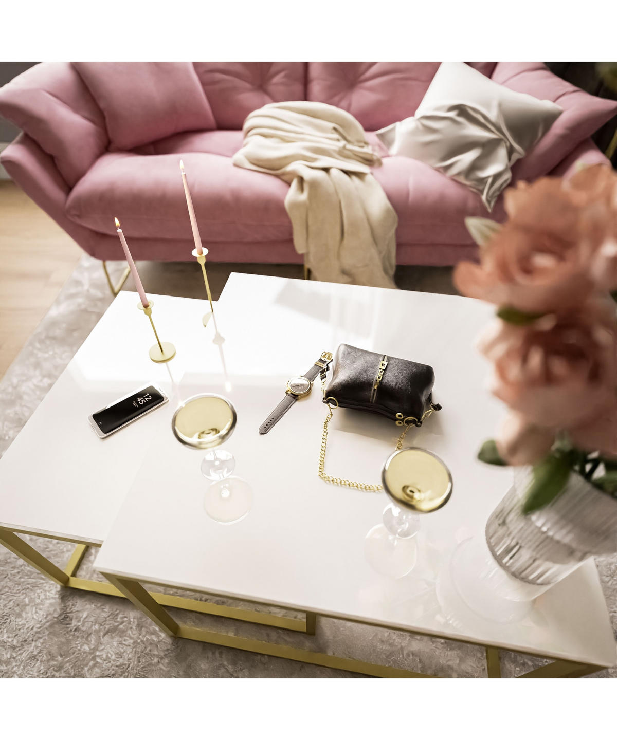 COUCHTISCH YOSHI 2in1 70/70/46 cm Gold matt / Weiß hochglanz - Weiß, Holzwerkstoff/Metall (70/70/46cm) - Lookway