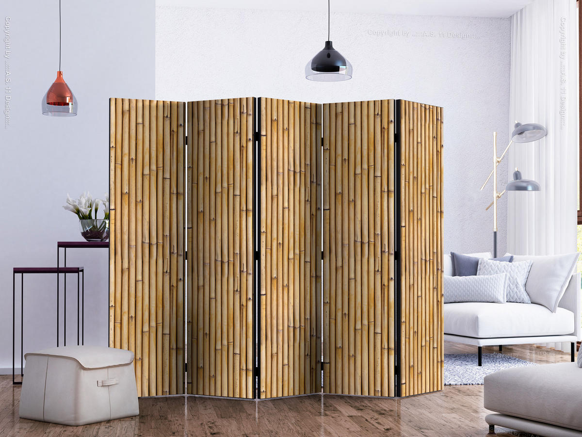 PARAVENT Beidseitig Bedruckter 5-tlg 225x172 cm Bambus Holzwand - Beige, Holz/Textil (225/172/3cm) - Muralo