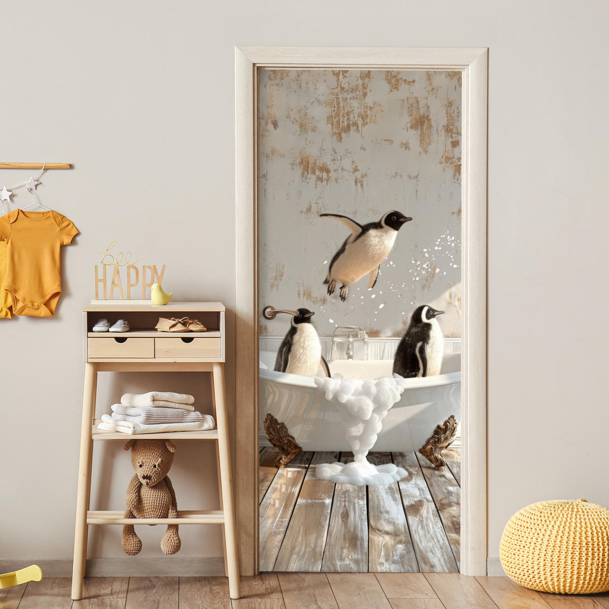 FOTOTAPETE Tür - Vintage - Pinguin - Badewanne - Schaumstoff 75x205 cm - Hellbraun, Kunststoff (75/0.1cm) - MuchoWow