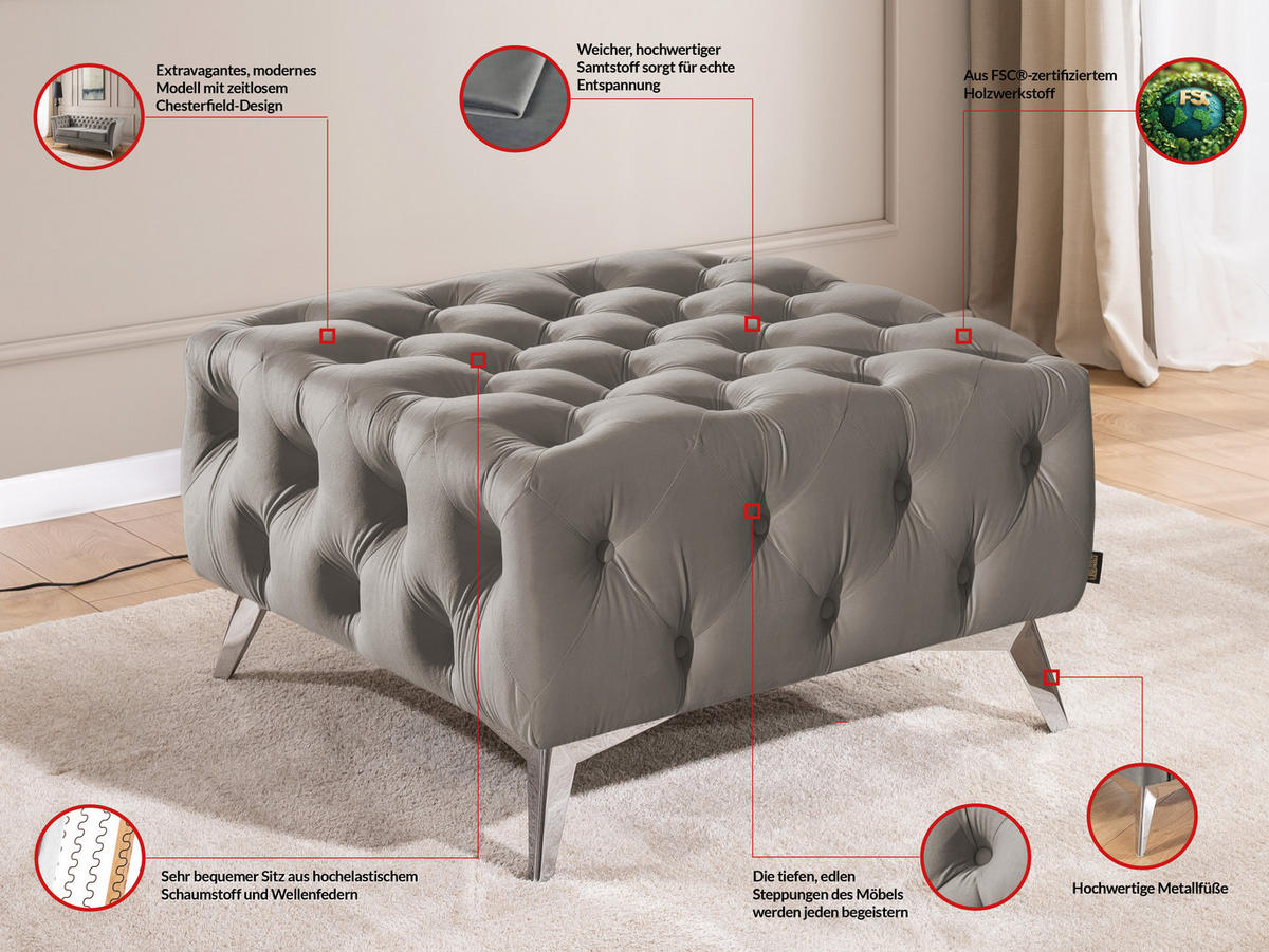 HOCKER Chesterfield Whitby Grau Samt mit silbernen Füßen - Silberfarben/Grau, Holz/Textil (80/45/80cm) - S-Style Möbel