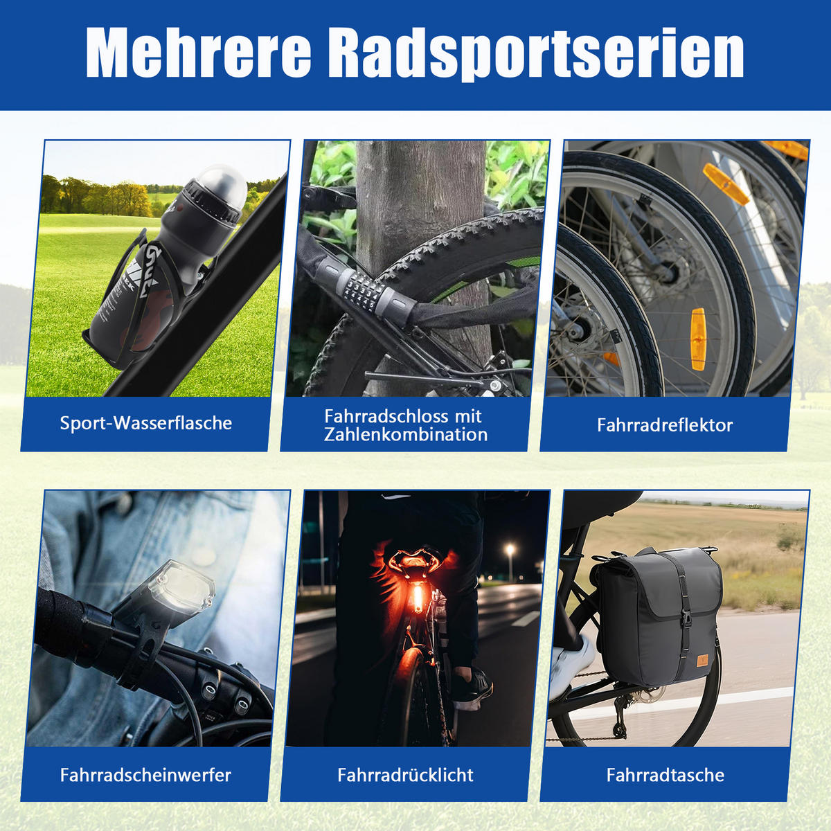 FAHRRADZUBEHÖR Set 8in1, LED-Licht, Satteltasche, Trinkflasche & Schloss - Schwarz, Textil (17/39/35cm)