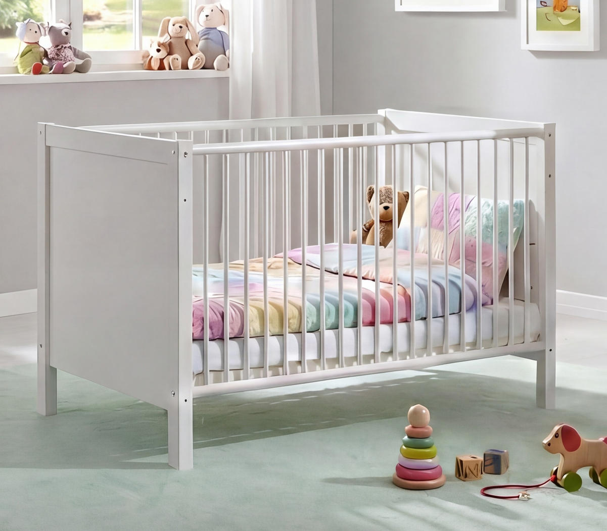 BABYZIMMER-SET 3-tlg.: Babybett & Wickelkommode & Kleiderschrank 2-türig B90/H197/T58 cm, Soft-Close, Landhausstil Weiß / 22801 - Silberfarben/Weiß, Holzwerkstoff/Metall (76/83/146cm) - luma-home
