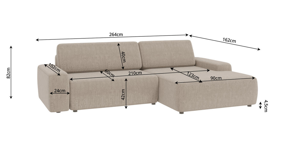 ECKSOFA Lopez Beige Samt-Stoff - Beige/Schwarz, Holz/Kunststoff (264/162cm) - S-Style Möbel