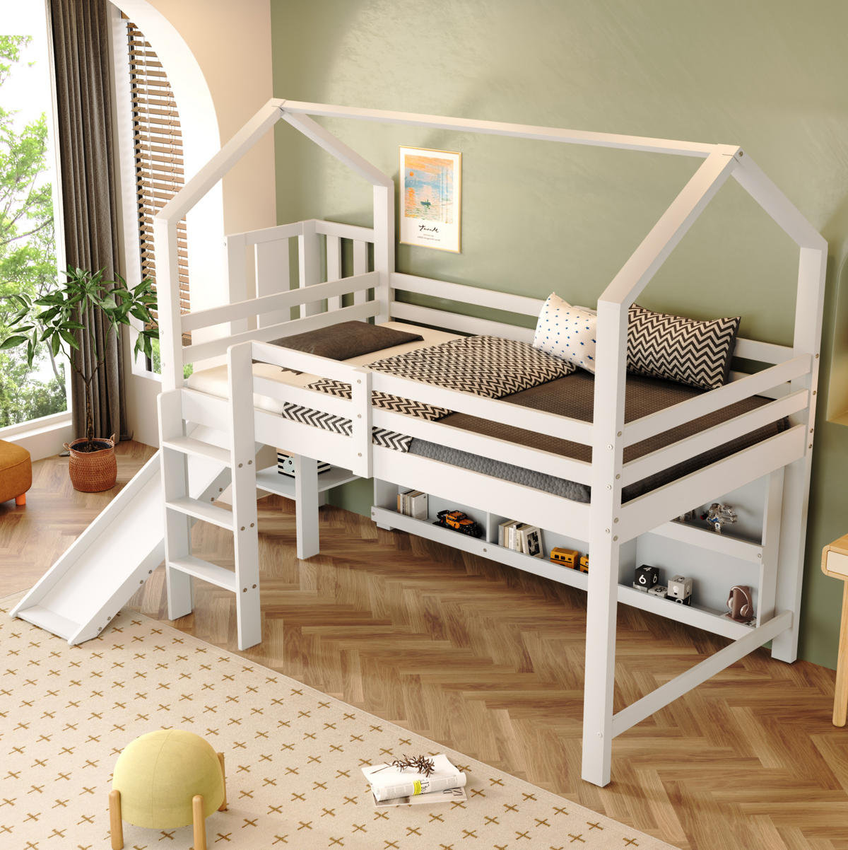 DETSKÁ posteľ 90/200 cm biela so šmykľavkou schodíkmi úložným priestorom a policou z masívneho dreva a MDF - biela, kompozitné drevo (90/200cm) - OKWISH