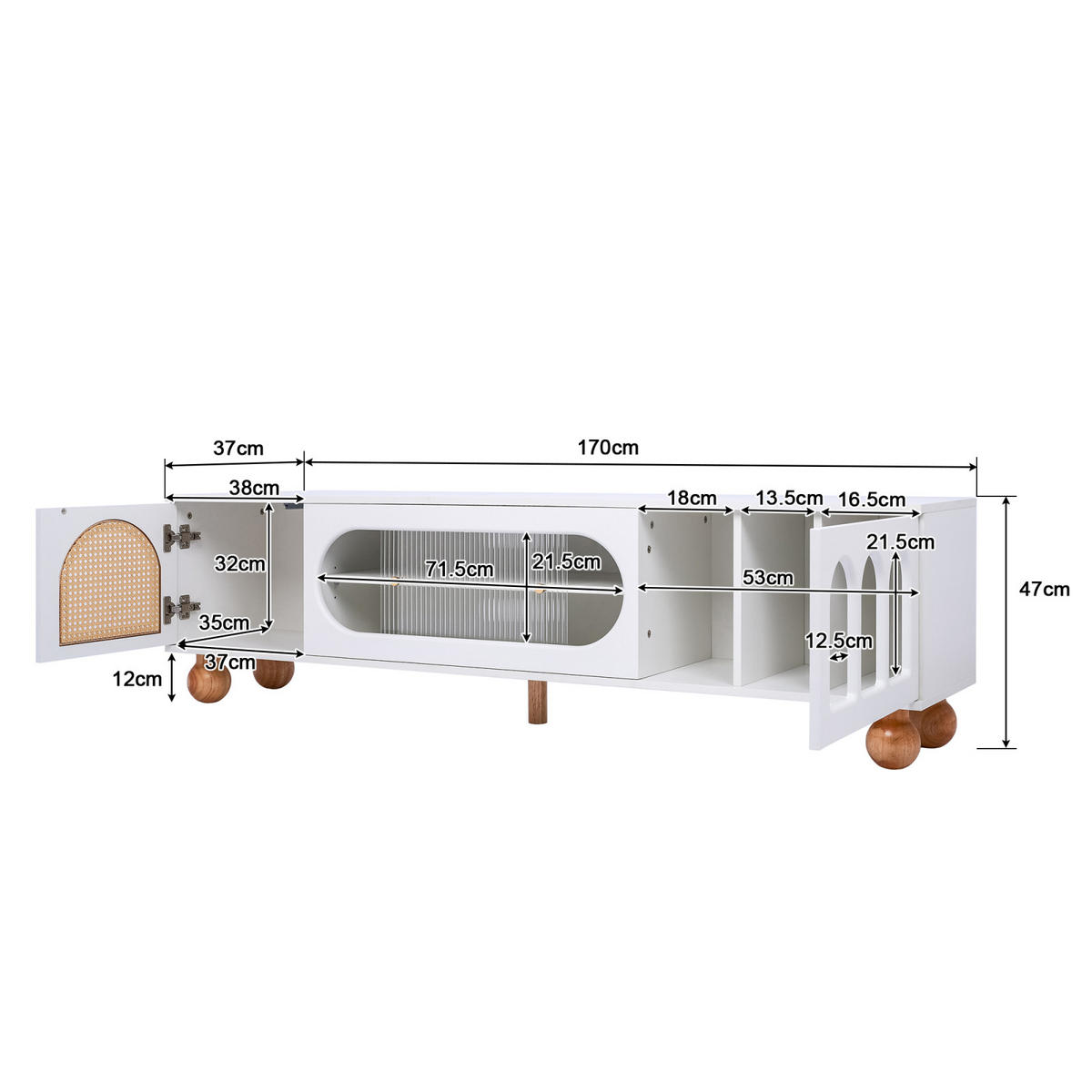 TV Lowboard Rattan, Glasschiebetür, Weiß - Weiß, Holz (170/47/37cm)