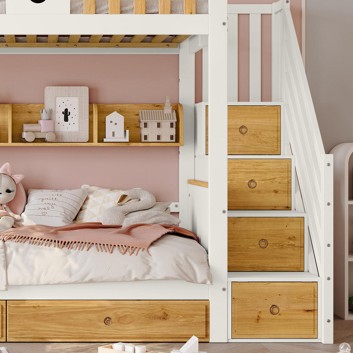 ETAGENBETT 90/200 cm & 90/200 cm in Weiß & Natur Kinderbett mit 2 Schubladen, Regal und Stauraumtreppe - Weiß, Holzwerkstoff (90/200cm) - STILVORA