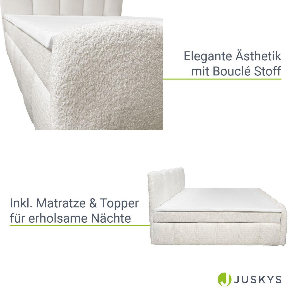 BOXBETT Manitoba 180/200 cm Bouclé Creme mit Bettkasten - Creme, Textil (180/200cm) - Juskys