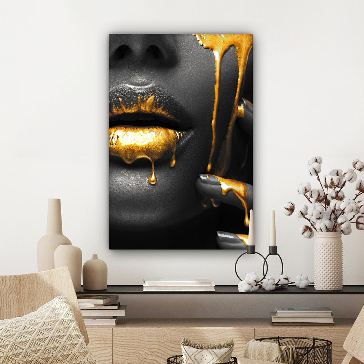 LEINWANDBILD Frau - Schwarz - Gold - Gesicht - Lippen 60x90 cm - Goldfarben, Textil (60/90cm) - MuchoWow