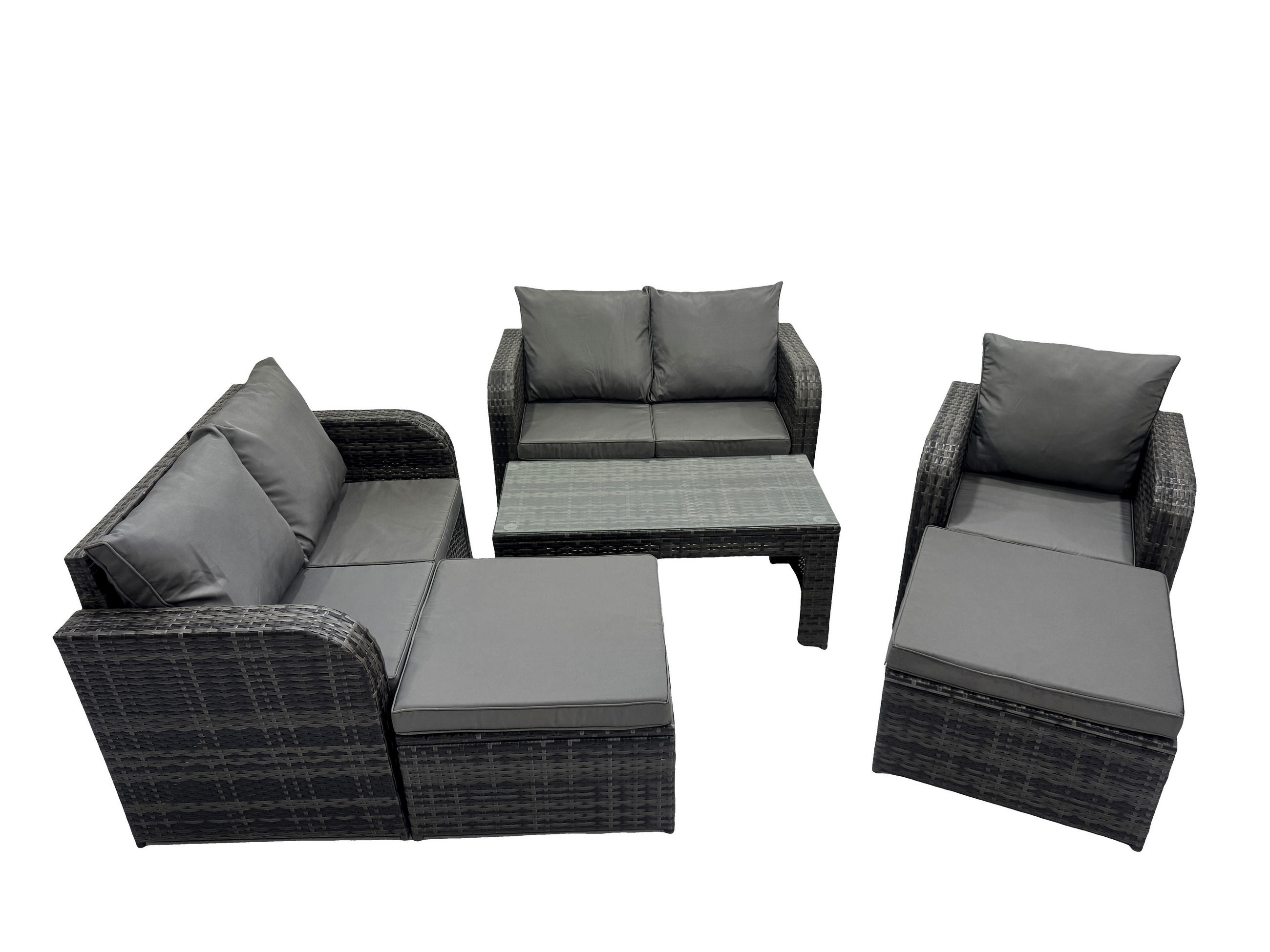 GARTENMÖBEL SET mit Sofa Polyrattan 7-Sitzer Dunkelgrau - Dunkelgrau/Grau, Glas/Kunststoff - Fimous