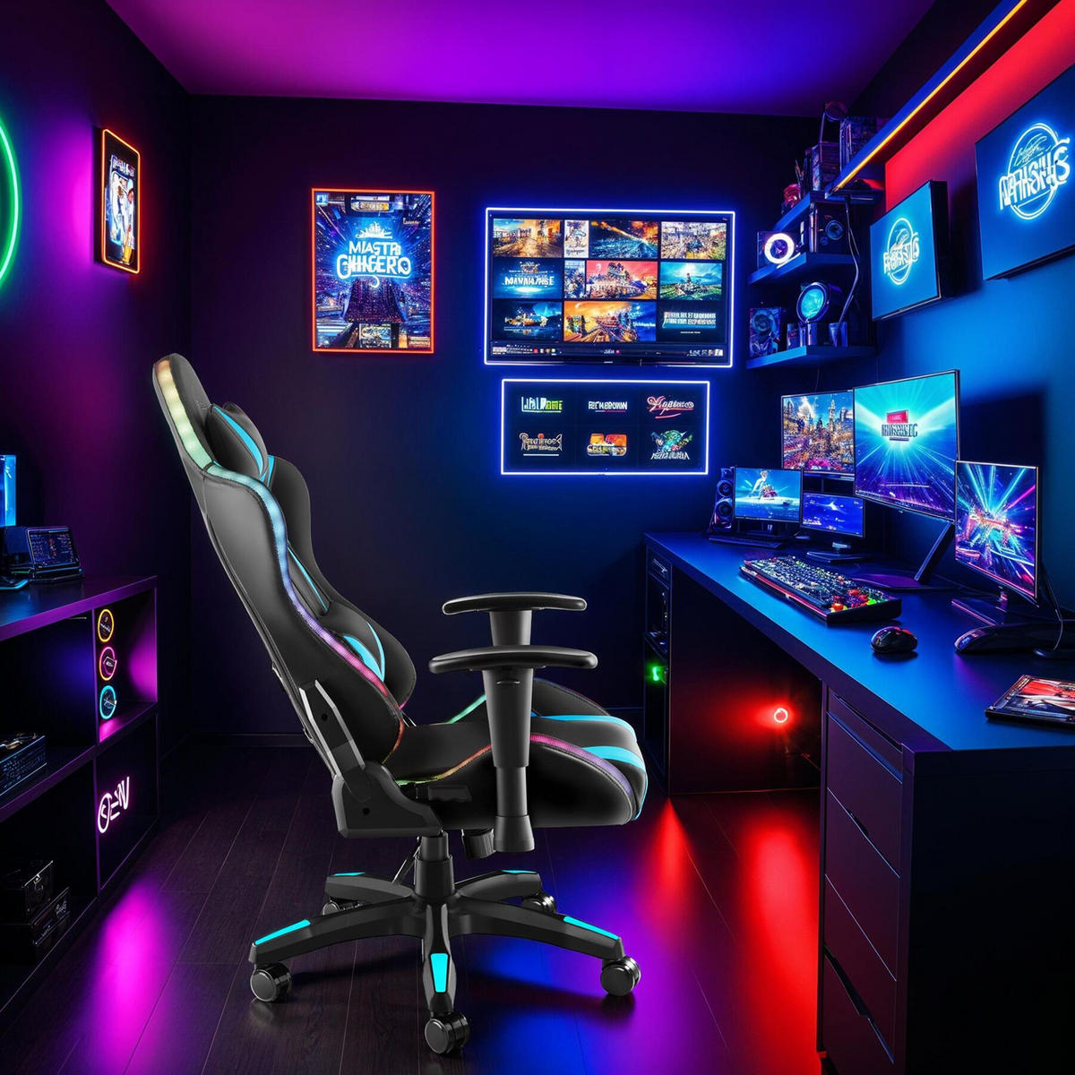 GAMINGSTUHL Tartaros,dicke Polsterung, Belastbarkeit 120 kg,schwarz/azur - Schwarz/Hellblau, Textil (66.5/126/69cm) - tectake